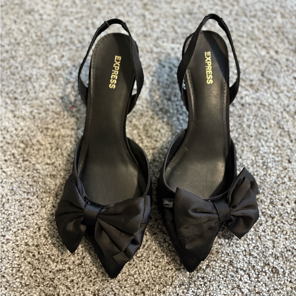 Express Elegant Black Satin Bow Flats